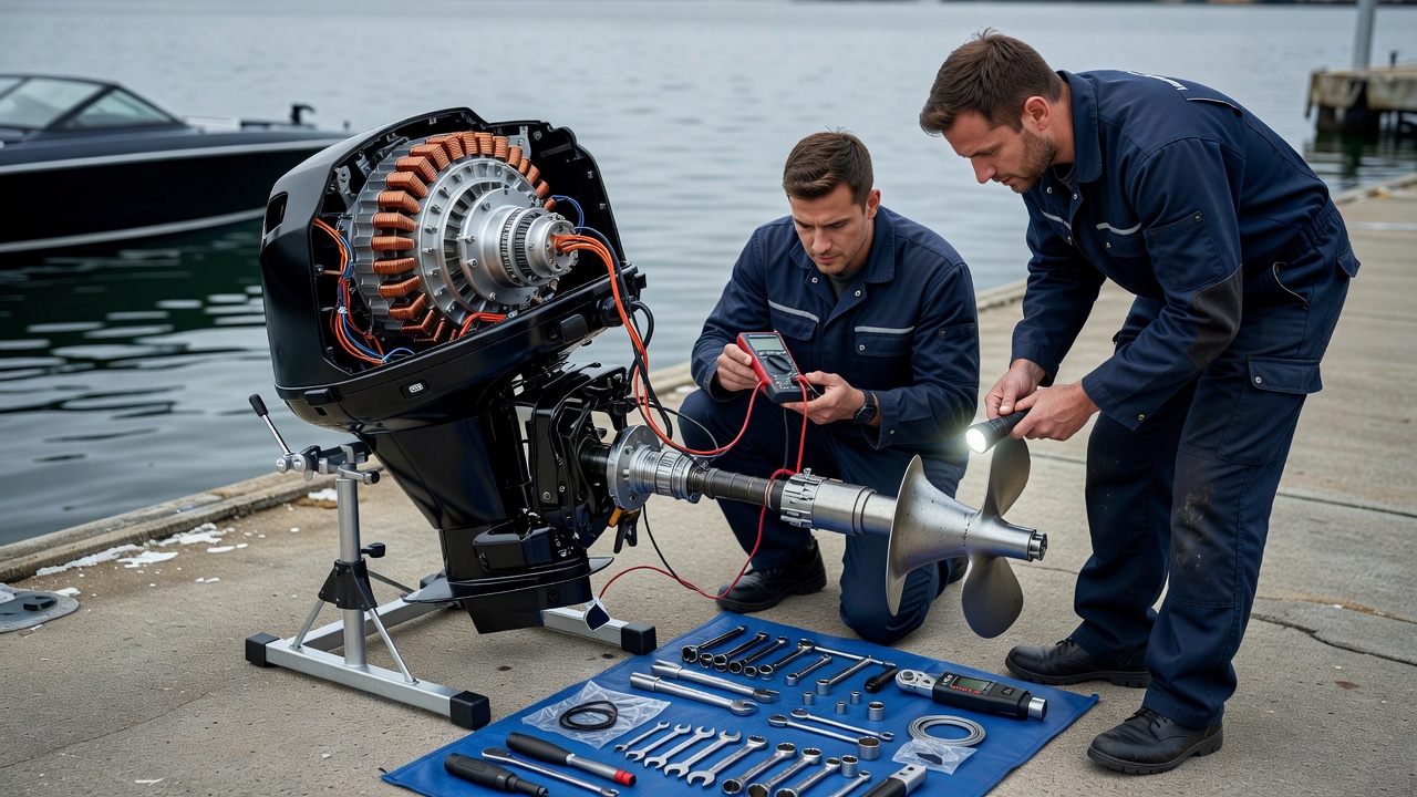 Marine propulsion equipment prepared for a careful dockside service inspection